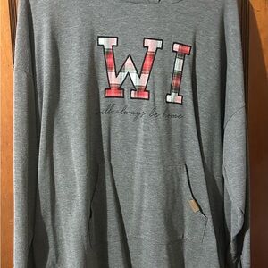 Maurices Gray Pullover Hoodie with Red Plaid 'WI' Applique